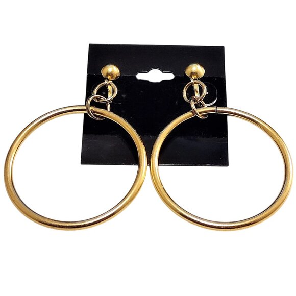 2 3/8" Round Ring Hoop Clip On Earrings Gold Tone Vintage Extra Large Dangle - Picture 2 of 3
